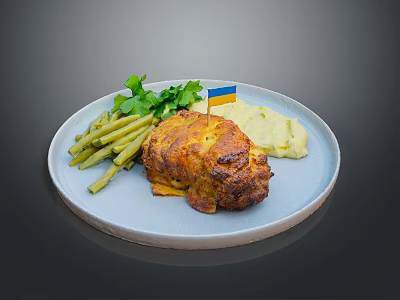 Delicious Roasted Chicken with Mashed Potatoes Green Beans and Fresh Greens on a Blue Plate 3d model