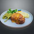 Delicious Roasted Chicken with Mashed Potatoes Green Beans and Fresh Greens on a Blue Plate