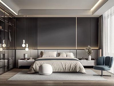 Elegant Modern Bedroom Interior With Large Bed Nightstands Pendant Lights And Armchair 3d model