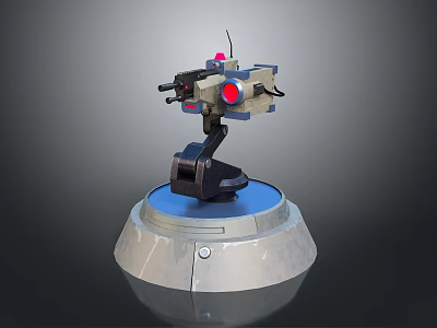 3D Model Automated Mechanical Weapon Turret with Blue Circular Base Red Sensor and Barrels 3d model
