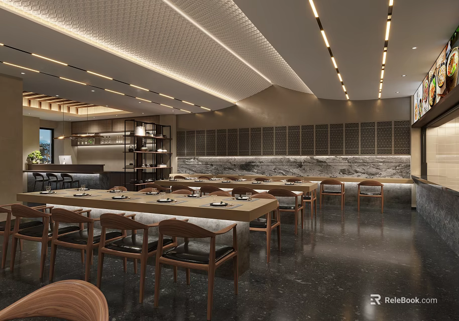Modern Restaurant Interior With Long Wooden Tables Marble Countertops And Ceiling Lights 3d model 