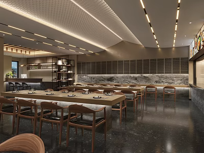 Modern Restaurant Interior With Long Wooden Tables Marble Countertops And Ceiling Lights 3d model