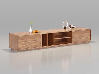 Modern Light Wood TV Stand with Drawers Open Shelves and Decorative Vase Plant Fruits Lamp 3d model