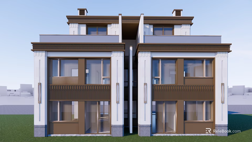 Elegant Detached Villa Exterior With White Brown Facade And Classic Architectural Design 3d model 