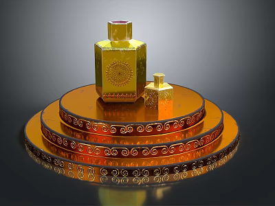Golden Perfume Bottle Placed On Multiple Layered Circular Tray With Patterned Decoration 3d model