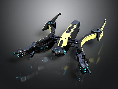 Futuristic Black And Yellow Spacecraft With Mechanical Arms And Blue Lights For Space Exploration 3d model