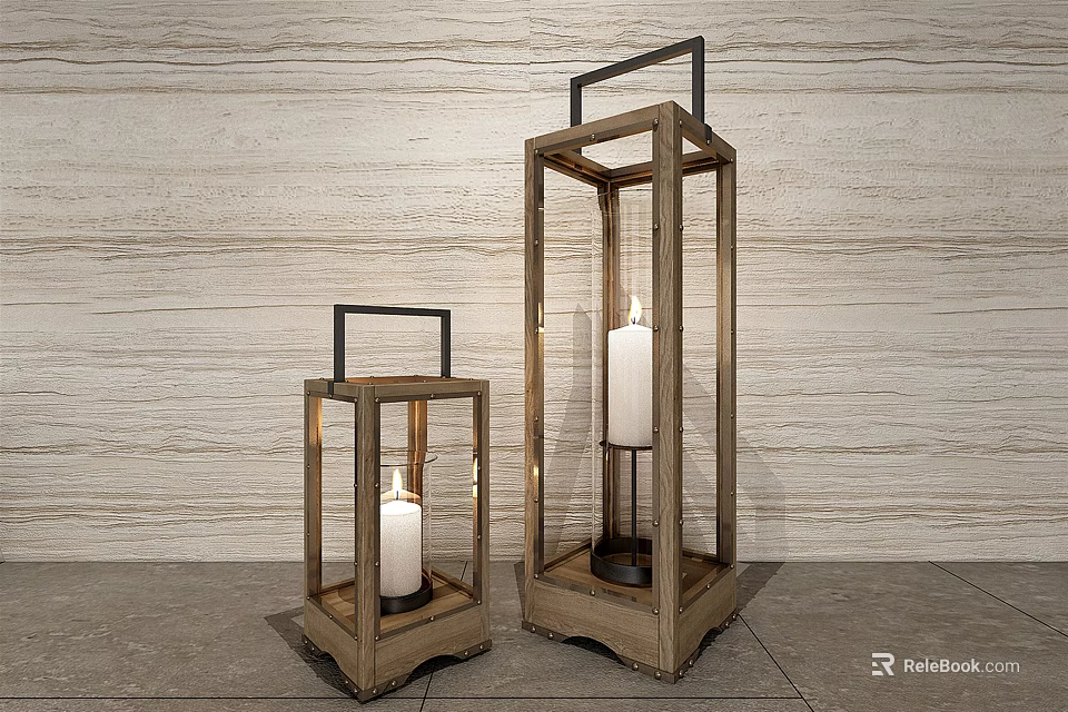 Two Wooden Candle Lanterns With Black Handles And White Candles Against Stone Wall 3d model 