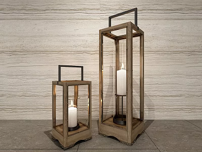 Two Wooden Candle Lanterns With Black Handles And White Candles Against Stone Wall 3d model