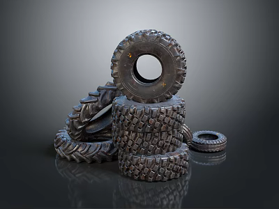 Stacked Off Road Tires With Deep Tread Patterns On Dark Reflective Background 3d model