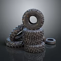 Stacked Off Road Tires With Deep Tread Patterns On Dark Reflective Background 3d model