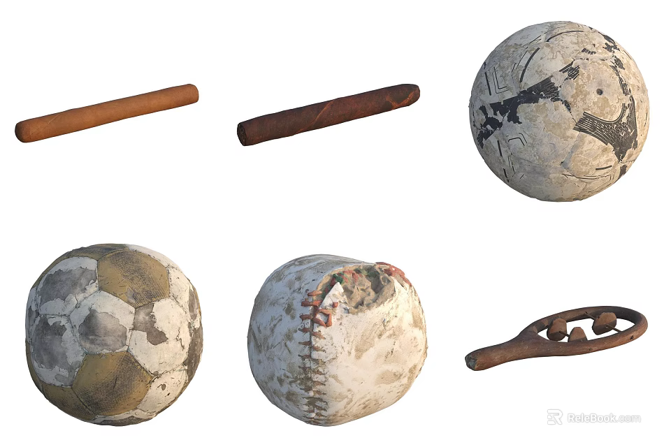Vintage Stuffed Doll With Old Baseball Bat Soccer Ball And Retro Toys Collection 3d model 
