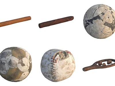 Vintage Stuffed Doll With Old Baseball Bat Soccer Ball And Retro Toys Collection 3d model