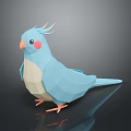 Blue Paper Craft Bird with Orange Beak Pink Cheeks on Dark Background with Reflective Surface