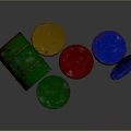 Colored Metal Drums Including Open Green Barrel and Detached Yellow Red Blue Lids