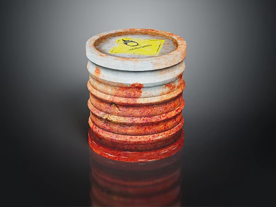 Stacked Drum Lids With Yellow Hazardous Label And Red Stained Surfaces 3d model