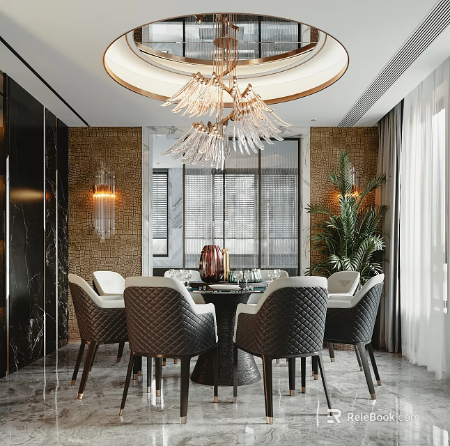 Elegant Modern Restaurant Interior With Crystal Chandelier Dining Table Chairs Brick Wall And Green Plant 3d model 