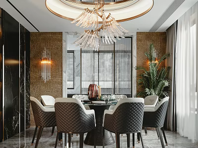 Elegant Modern Restaurant Interior With Crystal Chandelier Dining Table Chairs Brick Wall And Green Plant 3d model