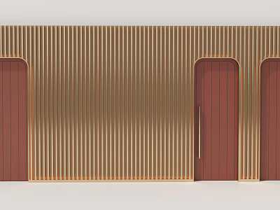 Red Hinged Doors on Golden Vertical Striped Background Wall With Modern Design 3d model