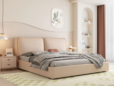 Modern Bedroom Interior With Beige Headboard Gray Quilt Rug Nightstand And Decorative Painting 3d model