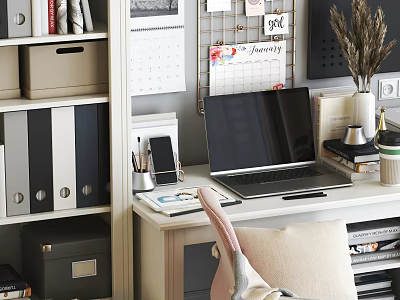 Organized Home Office Desk With Laptop Calendar Lamp Binders And Decorative Plants 3d model