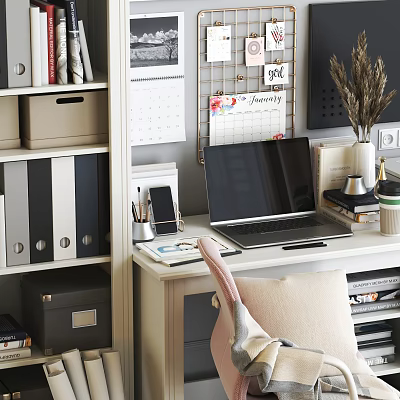 Organized Home Office Desk With Laptop Calendar Lamp Binders And Decorative Plants 3d model