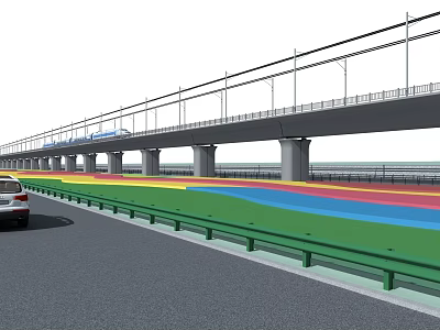 Vehicle Driving On Road Along Modern Overpass With Rainbow Colored Lane 3d model