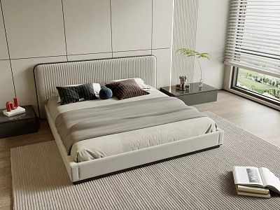 Modern Double Bed with Upholstered Headboard Soft Bedding Nightstand Plant and Window Blinds 3d model
