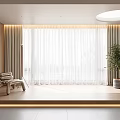 Modern Living Room With White Sheer Curtains Allowing Natural Light Wooden Bookshelf Green Plant Seating