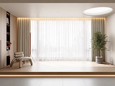 Modern Living Room With White Sheer Curtains Allowing Natural Light Wooden Bookshelf Green Plant Seating 3d model