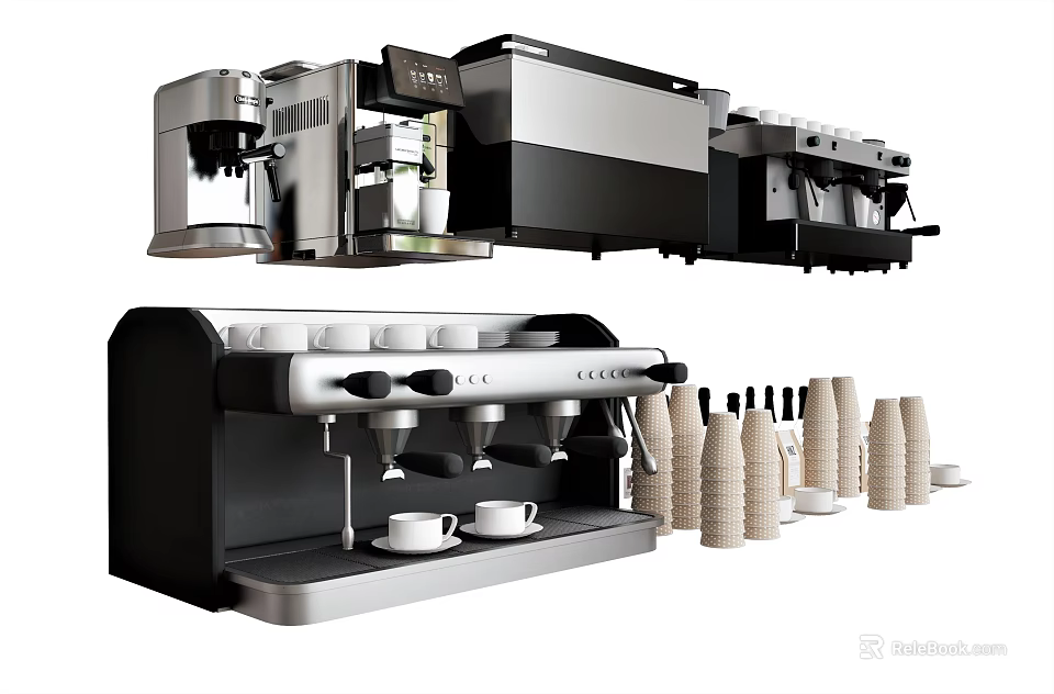 Sleek Modern Kitchen Coffee Machine With Stainless Steel Finish And Cups Bottles 3d model 
