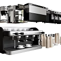 Sleek Modern Kitchen Coffee Machine With Stainless Steel Finish And Cups Bottles