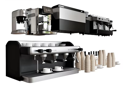 Sleek Modern Kitchen Coffee Machine With Stainless Steel Finish And Cups Bottles 3d model