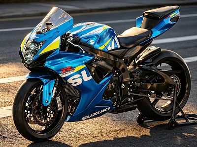Blue Suzuki Sport Racing Motorcycle With Yellow White Stripes Black Seat On Road Under Sunlight 3d model