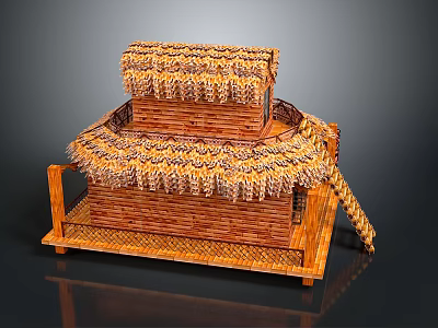 Two Story Traditional Thatched Building With Bamboo Walls Thatched Roof And Wooden Staircase 3d model