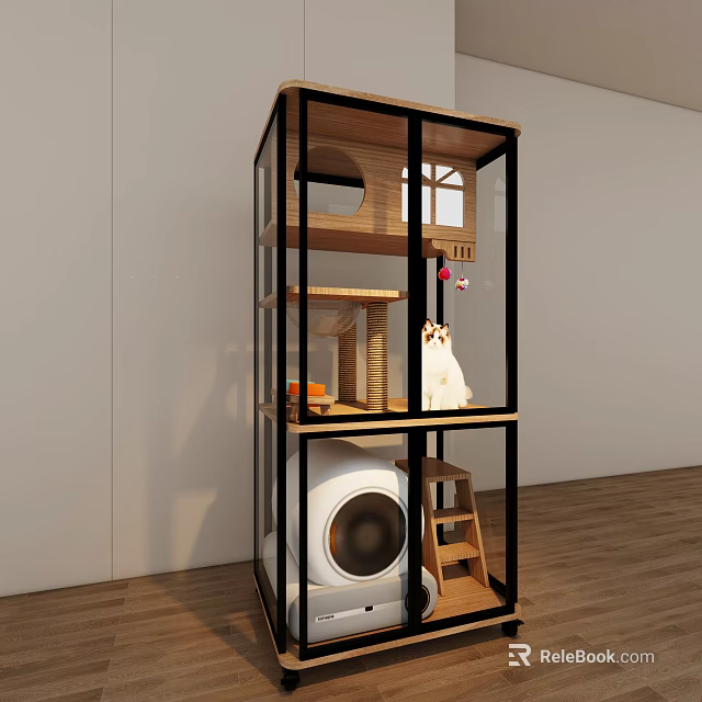 Multi Tier Cat Shelving Unit With Wooden Shelves Cat Bed Scratching Post And White Cat 3d model 