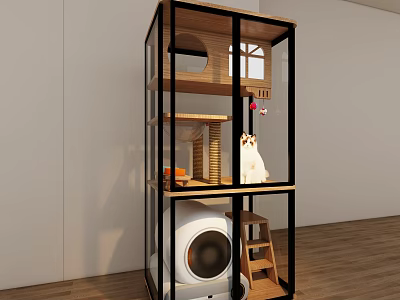 Multi Tier Cat Shelving Unit With Wooden Shelves Cat Bed Scratching Post And White Cat 3d model