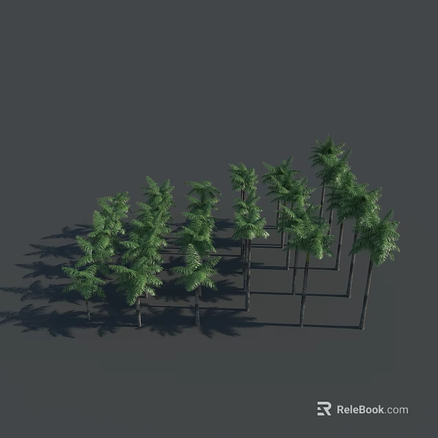 Multiple Green Trees Neatly Arranged With Shadows On Dark Background 3d model 