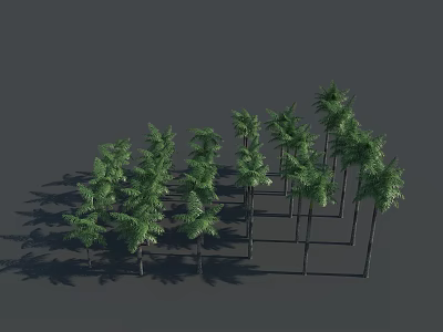 Multiple Green Trees Neatly Arranged With Shadows On Dark Background 3d model