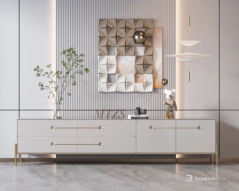 Modern TV Cabinet With White Drawers Gold Legs And Decorative Wall Art In Living Room 3d model 