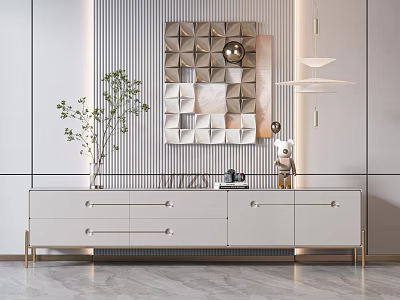 Modern TV Cabinet With White Drawers Gold Legs And Decorative Wall Art In Living Room 3d model