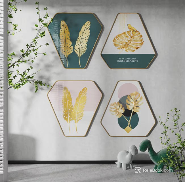 Hexagonal Wall Art With Golden Feather Leaf Patterns Green Plants And Ornaments 3d model