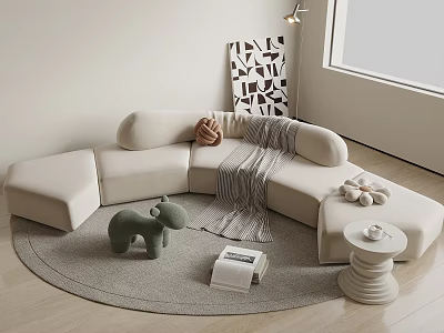 Cozy Beige Sectional Sofa in Living Room with Round Rug Throw Blanket and Plush Toys 3d model