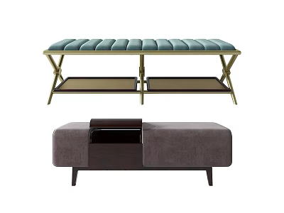Modern Footstools With Blue Padded Seat Golden Metal Frame And Gray Upholstered Storage Design 3d model