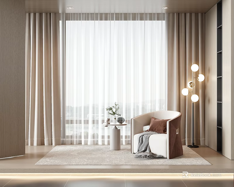 White Sheer And Beige Curtains In Modern Living Room With Armchair Floor Lamp And Carpet 3d model 