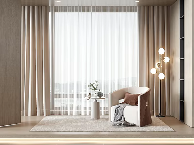 White Sheer And Beige Curtains In Modern Living Room With Armchair Floor Lamp And Carpet 3d model