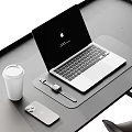 Modern Black Desk With Laptop Mouse Cup Phone Stand And Comfortable Chair