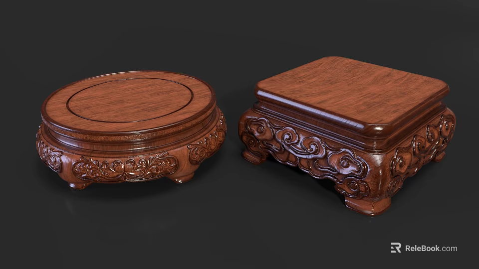 Solid Wood Decorative Shelves With Intricate Carved Patterns Round And Square Shapes 3d model 