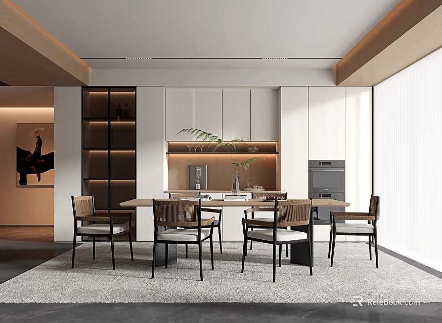 Modern Restaurant Interior Design With Open Concept Dining Table Chairs And White Cabinets 3d model 