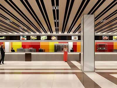 Modern Restaurant Interior Design With Colorful Walls Black Striped Ceiling And Counter Tile Floor 3d model