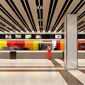 Modern Restaurant Interior Design With Colorful Walls Black Striped Ceiling And Counter Tile Floor